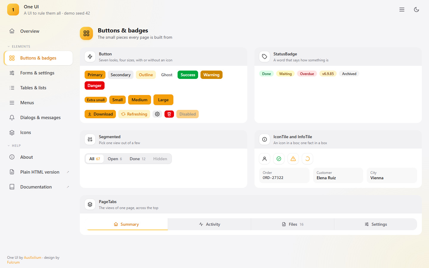 Page headers and buttons